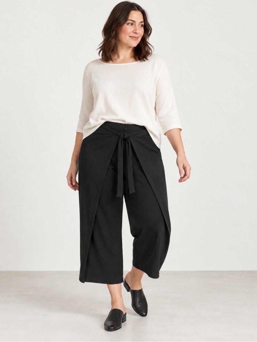 Eileen Fisher Washable Stretch Crepe Tie Front Wrap Crop Pants Black XL